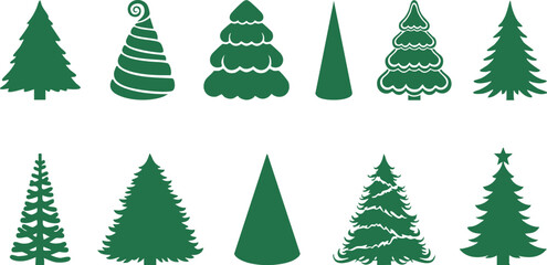 Set of Green Christmas Tree Silhouettes on White Background holiday decoration