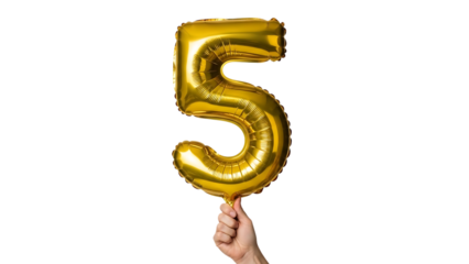 Golden Metallic Foil Balloon in the Shape of Number Five Held by a Hand