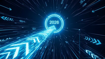 Year 2026 targeted by a digital arrow in a futuristic setting
