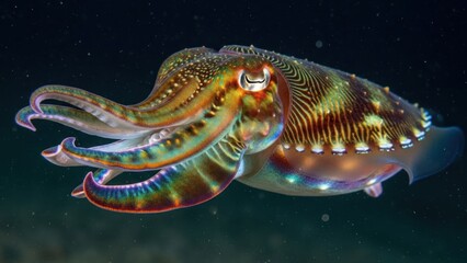 A vibrant cuttlefish swimming in the dark ocean with its distinctive patterned body.
