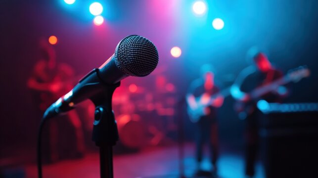 A microphone stands in focus, highlighting a vibrant live music scene filled with colorful stage lights and blurred musicians.
