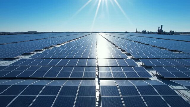 Amidst a clear blue sky, rows of solar panels capture radiant sunlight, converting it into clean energy. The city skyline adds a modern touch to this serene, sustainable landscape.