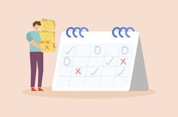 Male office employee holding folders and carefully reviewing important tasks with prioritize before arranging to calendar. A man is focusing on planning, scheduling, and organizing work planning.