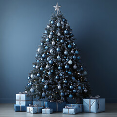 Blue decorated Christmas tree standing with gifts against a monochrome background, creating a festive winter holiday atmosphere and celebrating the season