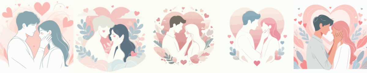 Couple Holding Cheeks. Valentine's Theme. Vector, minimalist, illustration, icon set.