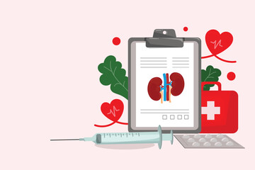 World Kidney Day Health Background. Medical concept illustration with kidney report, syringe, first aid kit, and pills. 