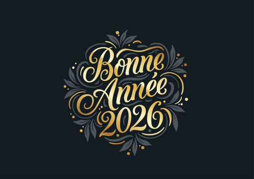Lettrage dor&eacute; &laquo; Bonne Ann&eacute;e 2026 &raquo; avec ornements d&eacute;coratifs sur fond sombre, id&eacute;al pour cartes et projets de v&oelig;ux du Nouvel An.