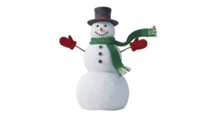 Cheerful snowman wearing a black top hat, green scarf, and red mittens isolated on white background