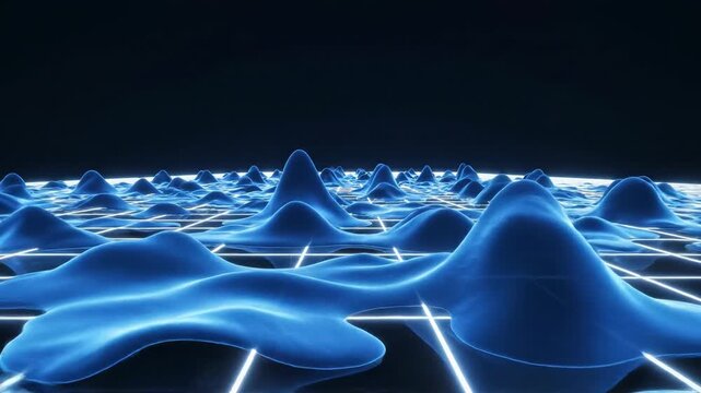 Seamlessly looping background animation of bright blue energy waves resonating across a digital grid surface in a vast blank expanse vibration, electronic, empty space