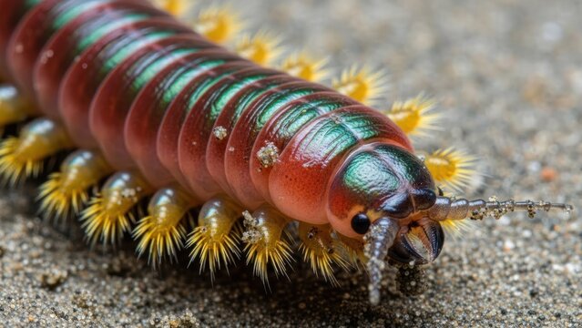 A colorful millipede with yellow spines crawling on a sandy surface.