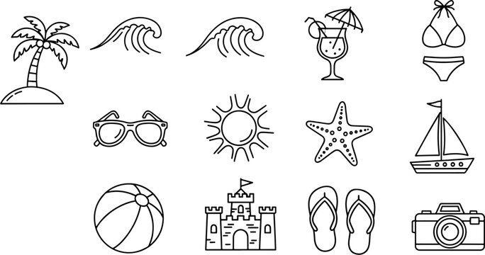 Set of summer vacation icons featuring a palm tree, waves, cocktail, bikini, sunglasses, sun, starfish, sailboat, beach ball, castle, flip-flops, and camera.