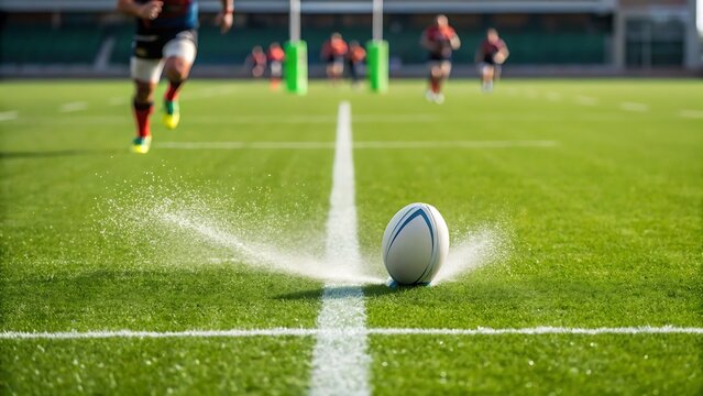 Dynamic rugby ball on field with players running in background shows team sport action - Powered by Adobe