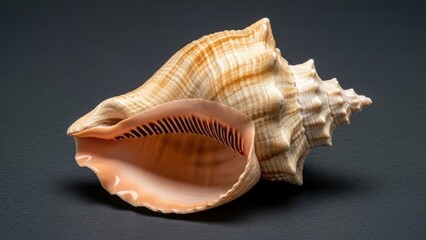 A large, intricately patterned sea shell against a dark background.