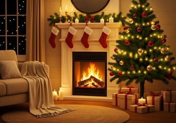 Fototapeta premium Cozy Christmas Living Room With Fireplace and Decorated Tree