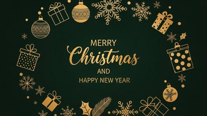 Elegant Gold Christmas Icon Wreath with Gifts, Ornaments, and Holiday Greeting on Dark Background