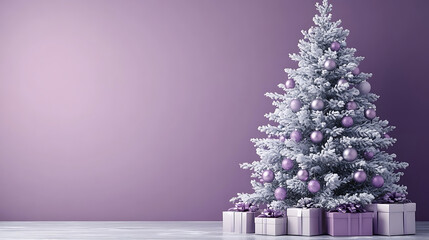 Fluffy white Christmas tree with purple ornaments and gifts, celebrating winter holidays with festive elegant home decoration and copy space