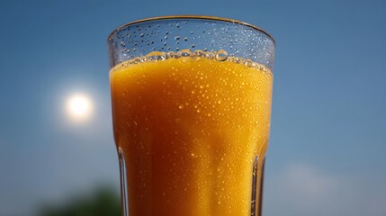 A chilled glass of orange juice with condensation droplets against a bright blue sky and sunshine