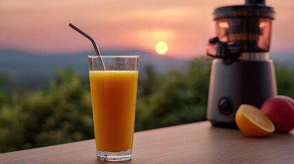 A glass of vibrant orange juice with a metal straw set against a scenic sunset view with a juicer and fresh fruit