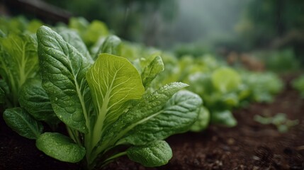 Close up of young dew kissed lettuce seedlings growing in a fertile garden bed under soft natural light