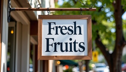 Fresh Fruits sign on wooden board with natural background