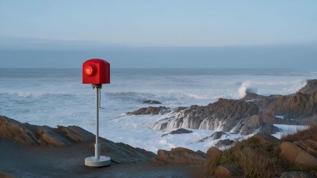 A coastal tsunami warning siren mounted near a rocky shoreline, flashing red as powerful waves crash behind it &mdash; natural disaster readiness, coastal safety infrastructure, and striking