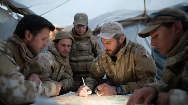 A deployed team gathered around a glowing digital map inside a makeshift command tent, strategizing as generators hum in the background &mdash; mission planning, field intelligence, and high-stakes