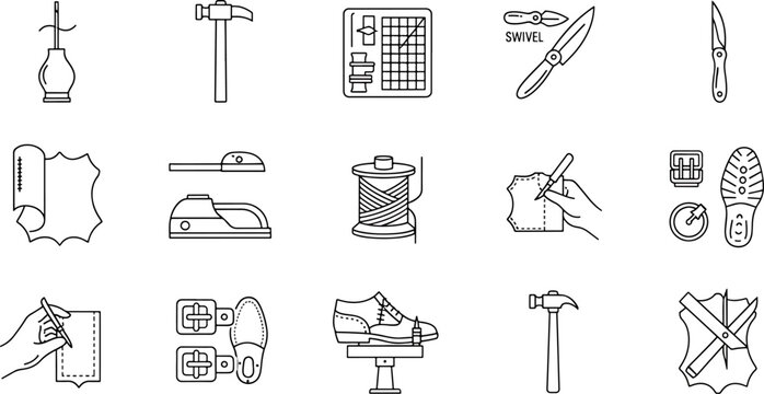 Collection of Shoemaking Tools and Materials Represented as Clean Line Art Icons on White Background