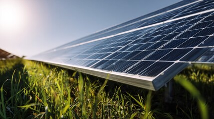 Close-Up View of Solar Panels in Green Grass Under Clear Blue Sky Showcasing Renewable Energy Technology on a Bright Sunny Day