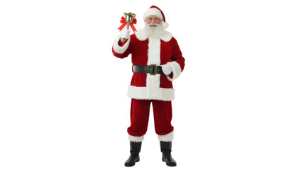 Full body Santa Claus holding a small golden gift bag, isolated on white background.