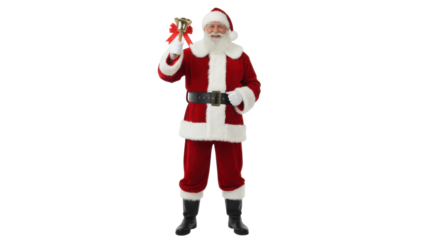 Full body Santa Claus holding a small golden gift bag, isolated on white background.