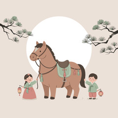 Hand-Drawn Korean Kids with Horse and Lantern Illustration