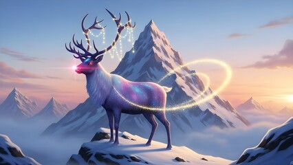 Magical galaxy reindeer with glowing antlers on snowy mountain at sunrise