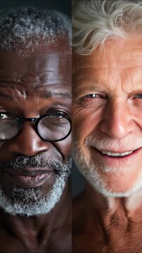 Senior caucasian man and african american man with happy facial expressions in a split screen showing diverse ages and skin tones.