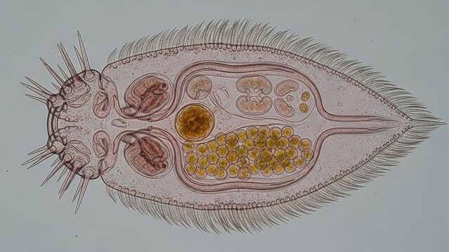 A microscopic view of a ciliate organism with a segmented body and flagella.
