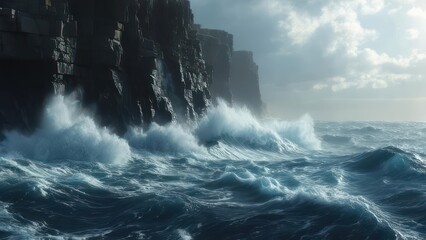 Crashing Waves Against Cliffs of Moher, Ireland on a Stormy Day.