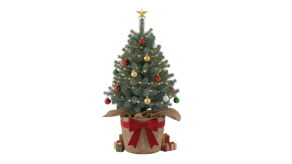 Small potted Christmas tree decorated with ornaments and lights isolated on white background