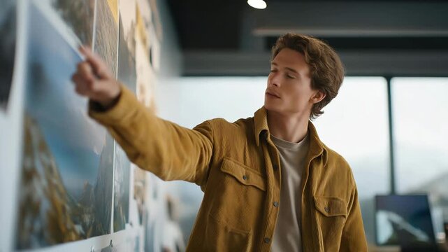 A creative director reviewing storyboards and cinematic sequences with the narrative team, pointing at concept art pinned across the wall &mdash; storytelling, visual direction, and narrative development