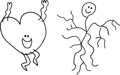 Funny cheerful heart and happy blood vessels dancing and jumping, drawn with crooked grunge lines