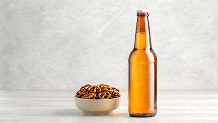 Amber Beer Bottle with Water Droplets Beside Bowl of Pretzels on White Table