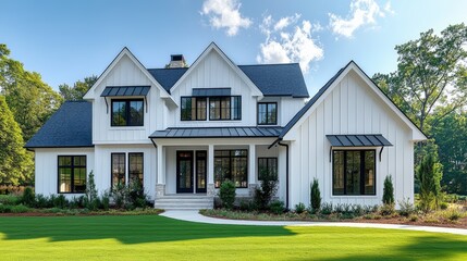 Obraz premium A charming modern home with white siding, a sloped roof, and large windows, set against a lush green lawn and blue sky.