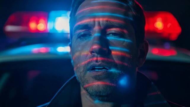 Stressed police officer overwhelmed by flashing red and blue emergency lights during intense cinematic night scene drama
