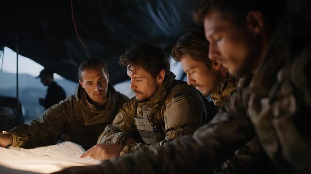 A deployed team gathered around a glowing digital map inside a makeshift command tent, strategizing as generators hum in the background &mdash; mission planning, field intelligence, and high-stakes