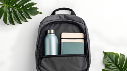 Fototapeta premium Open Black Backpack With Blue Water Bottle and Green Notebook On White Background Surrounded By Tropical Leaves