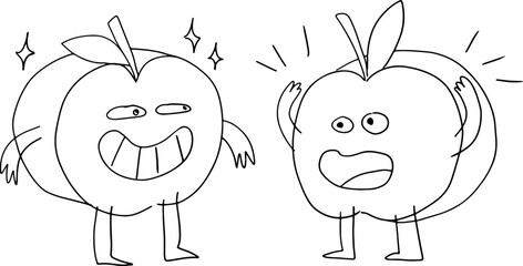 Two funny apples cut in half with a face stand and look at each other, drawn with crooked grunge lines