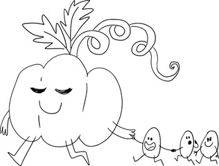 A funny big pumpkin walks smiling and holds his seeds by the hand, drawn with crooked grunge lines