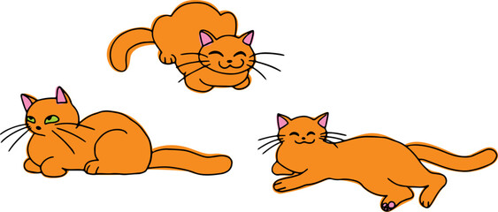 A set of cute red cats lying in different poses, sits like a loaf, drawn with crooked grunge lines