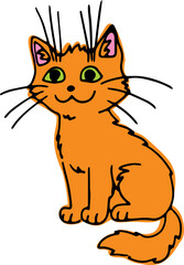 A cute shaggy ginger cat with green eyes sits smiling and looking at the camera, drawn with crooked grunge lines