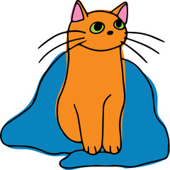 A cute ginger cat sits wrapped in a blue blanket, drawn with crooked grunge lines