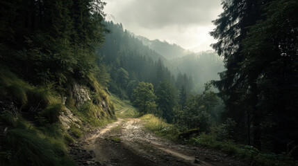 A winding dirt road leads through a dense forest of evergreen trees under a cloudy sky in the mountains, creating a serene and peaceful natural landscape view.