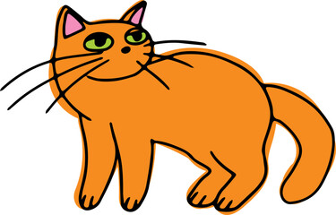 A cute funny ginger cat stands and sleepily looks to the side, drawn with crooked grunge lines